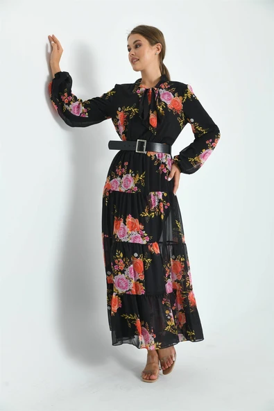 FTZ Women Kadın İpek Şifon Elbise  Siyah 30165 - Resim 1