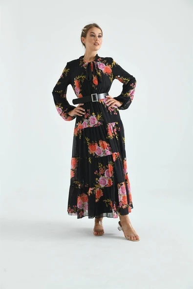 FTZ Women Kadın İpek Şifon Elbise  Siyah 30165 - Resim 5