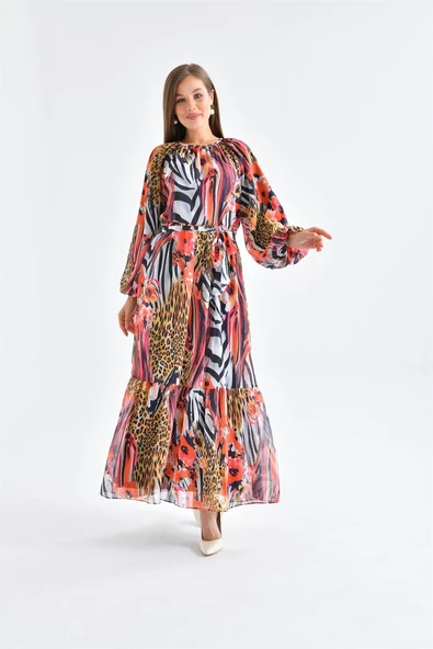 FTZ Women Kadın Şifon Baskılı Elbise  Mercan 30499 - Resim 4