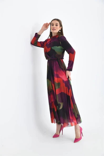 FTZ Women Kadın Likra Tül Elbise  Mor 30417 - Resim 6