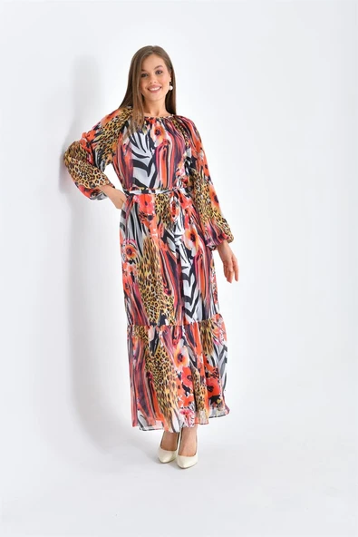 FTZ Women Kadın Şifon Baskılı Elbise  Mercan 30499 - Resim 2