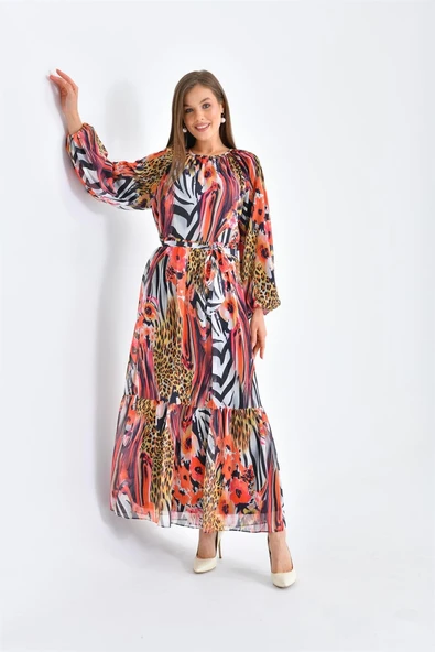 FTZ Women Kadın Şifon Baskılı Elbise  Mercan 30499 ürün görseli