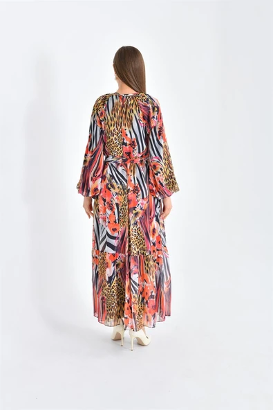 FTZ Women Kadın Şifon Baskılı Elbise  Mercan 30499 - Resim 7