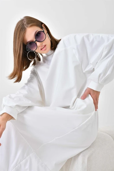 FTZ Women Kadın Deri Detaylı Elbise  Ekru 30617 - Resim 5