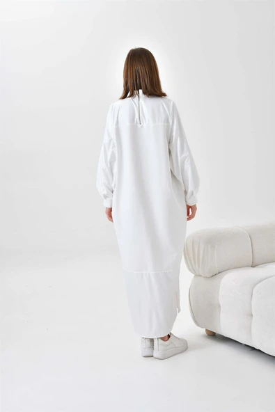 FTZ Women Kadın Deri Detaylı Elbise  Ekru 30617 - Resim 7