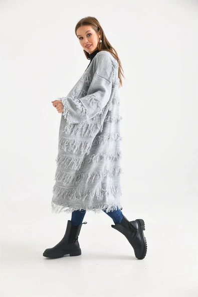 FTZ Women Kadın Püskül Detaylı Uzun Kap  Gri 20066 - 7