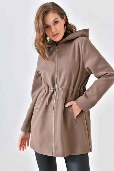 FTZ Women Kadın Kapişonlu Kaşe Kap Vizon 30636 - 4