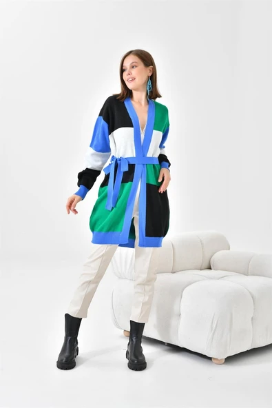 FTZ Women Kadın Kare Detay Uzun Hırka  Mavi 20105 - 6