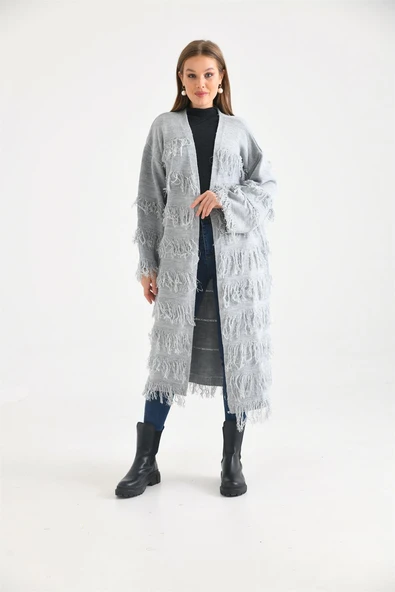 FTZ Women Kadın Püskül Detaylı Uzun Kap  Gri 20066 - 5