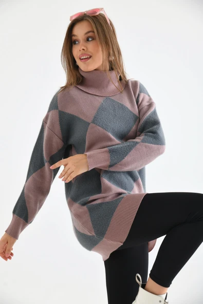 FTZ Women Kadın Baklava Desen Degaje Yaka Kazak  Gül 21-6360 - Resim 7