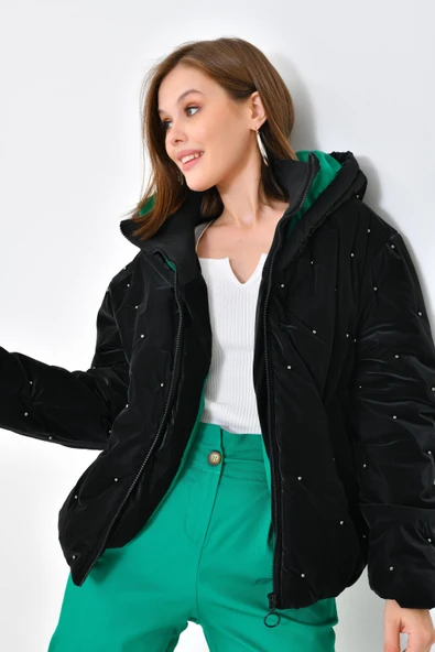 FTZ Women Kadın İnci Detaylı Mont Siyah RBN4047 - 6