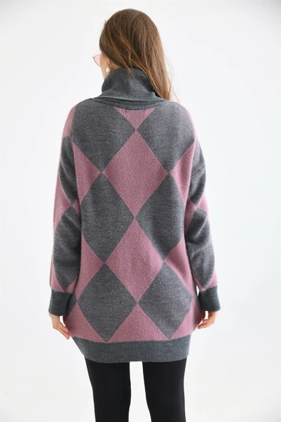 FTZ Women Kadın Baklava Desen Degaje Yaka Kazak  Gri 21-6360 - Resim 5