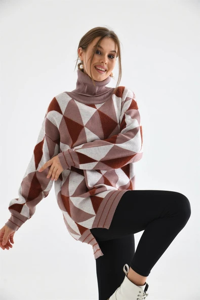 FTZ Women Kadın Degaje Yaka Üçgen Detay Kazak  Pudra 20054 - Resim 2