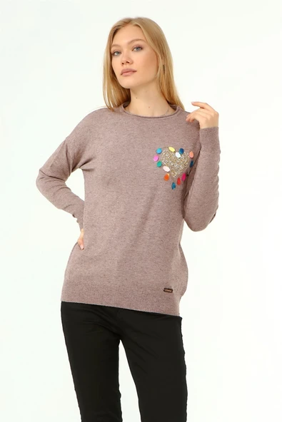 FTZ Women Kadın Kalp Detay Kazak Beige 21-1324
