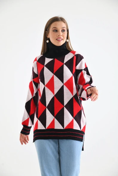 FTZ Women Kadın Degaje Yaka Üçgen Detay Kazak  Siyah 20054 - 4