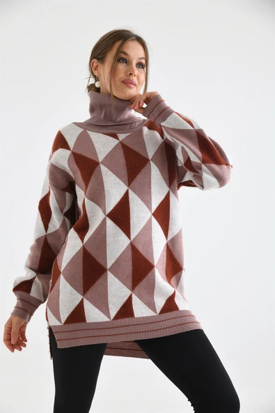 FTZ Women Kadın Degaje Yaka Üçgen Detay Kazak  Pudra 20054 - Resim 3