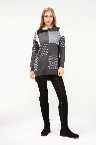 FTZ Women Kadın İki Renk Yaka Kazak  Gri 21-6229 ürün görseli