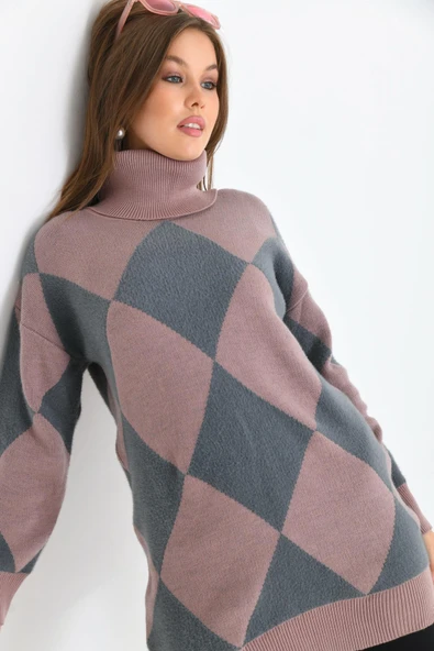 FTZ Women Kadın Baklava Desen Degaje Yaka Kazak  Gül 21-6360 - Resim 2