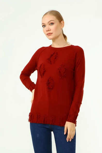 FTZ Women Kadın Ön Püskül Detaylı Kazak  Kiremit 21-1314