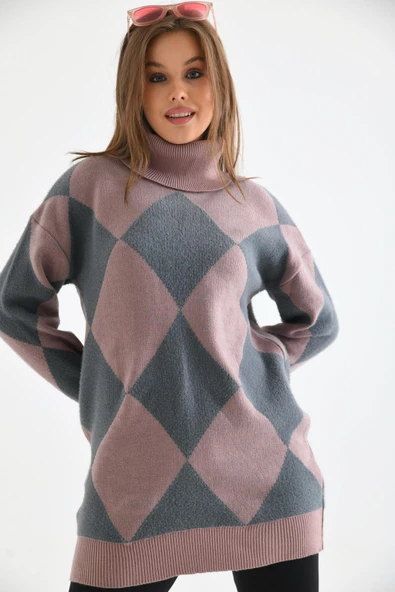 FTZ Women Kadın Baklava Desen Degaje Yaka Kazak  Gül 21-6360 ürün görseli