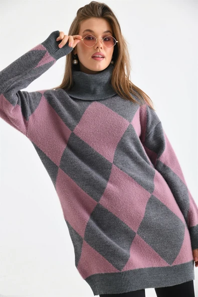 FTZ Women Kadın Baklava Desen Degaje Yaka Kazak  Gri 21-6360 ürün görseli