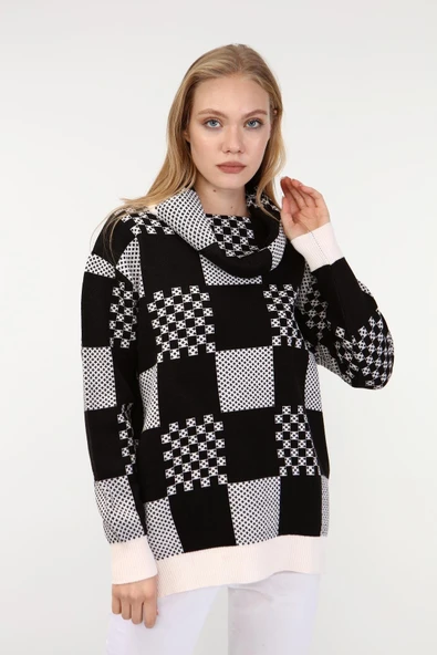 FTZ Women Kadın Desenli Triko Kazak  Ekru 21-6021 - Resim 3