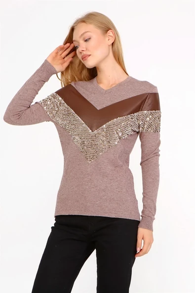 FTZ Women Kadın Ön Baskı Detaylı Kazak  Beige 21-1330 - 3