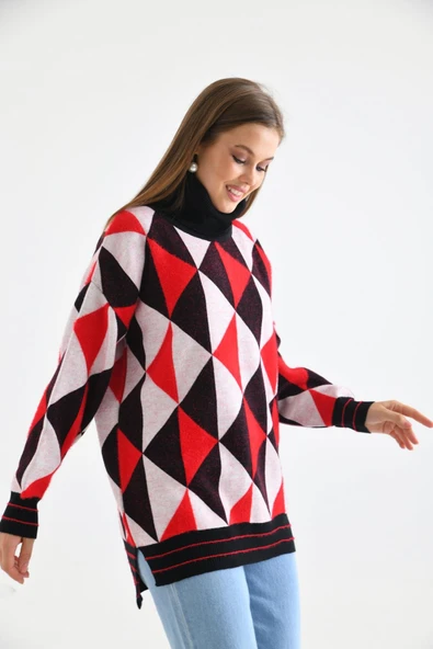 FTZ Women Kadın Degaje Yaka Üçgen Detay Kazak  Siyah 20054 - 6