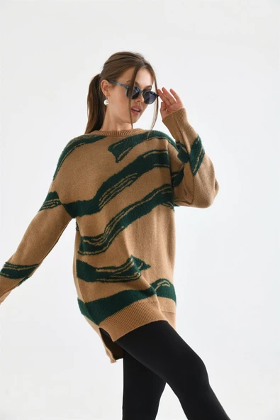 FTZ Women Kadın Karışık Desen Kazak  Bisküvi 21-6245 - Resim 7