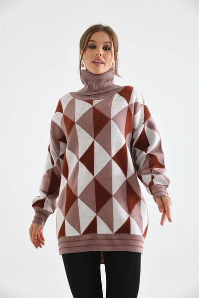 FTZ Women Kadın Degaje Yaka Üçgen Detay Kazak  Pudra 20054 - Resim 5