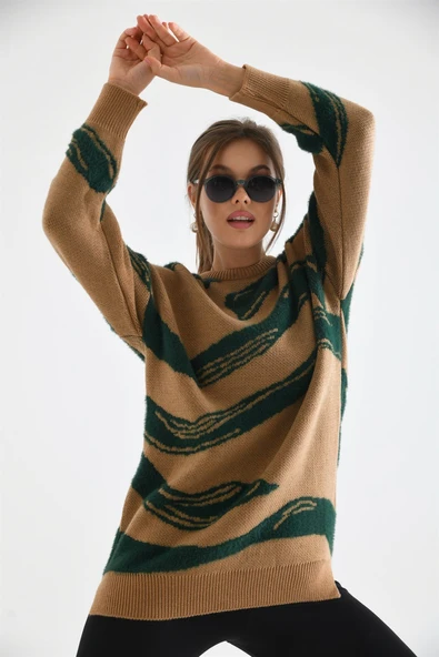 FTZ Women Kadın Karışık Desen Kazak  Bisküvi 21-6245 - Resim 2