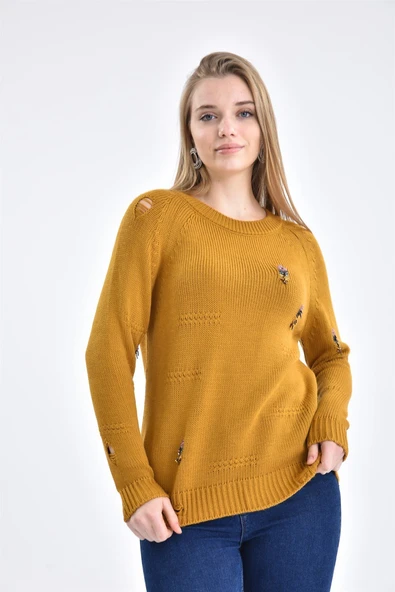 FTZ Women Kadın Boncuk İşlemeli Kazak Safran 21-1066