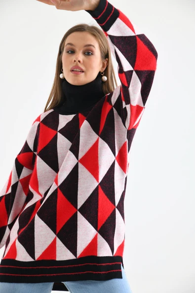 FTZ Women Kadın Degaje Yaka Üçgen Detay Kazak  Siyah 20054 - 5