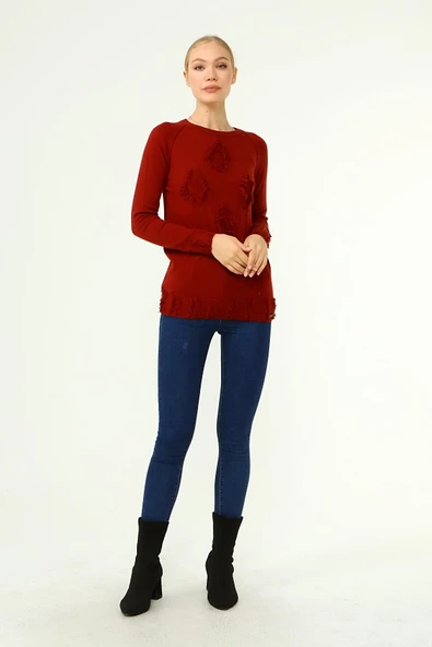 FTZ Women Kadın Ön Püskül Detaylı Kazak  Kiremit 21-1314 - 2