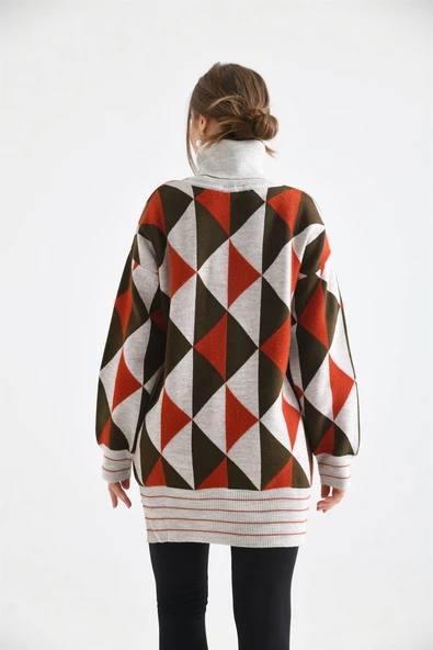 FTZ Women Kadın Degaje Yaka Üçgen Detay Kazak  Taş 20054 - Resim 4