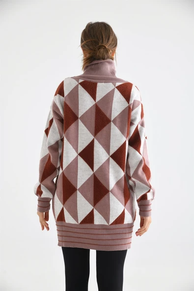 FTZ Women Kadın Degaje Yaka Üçgen Detay Kazak  Pudra 20054 - Resim 6