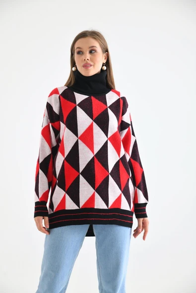 FTZ Women Kadın Degaje Yaka Üçgen Detay Kazak  Siyah 20054 - 3