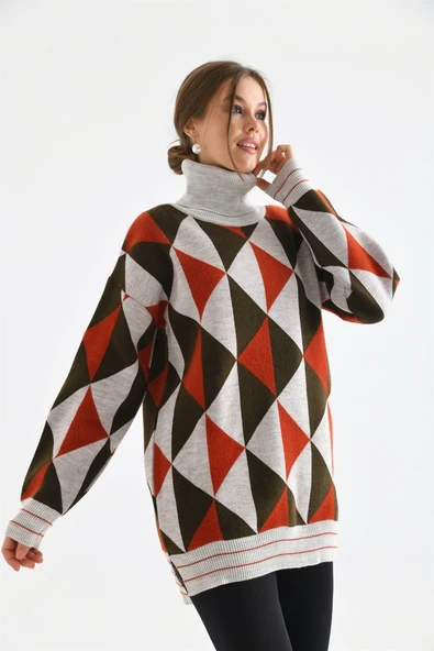 FTZ Women Kadın Degaje Yaka Üçgen Detay Kazak  Taş 20054 - Resim 3