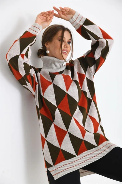 FTZ Women Kadın Degaje Yaka Üçgen Detay Kazak  Taş 20054 - Resim 6