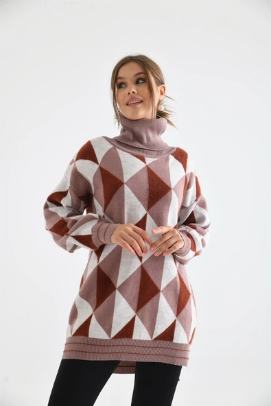 FTZ Women Kadın Degaje Yaka Üçgen Detay Kazak  Pudra 20054 - Resim 4