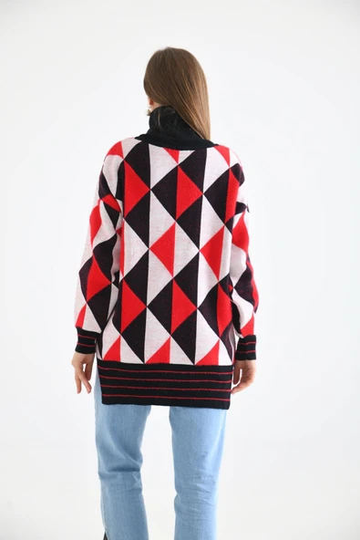 FTZ Women Kadın Degaje Yaka Üçgen Detay Kazak  Siyah 20054 - 2