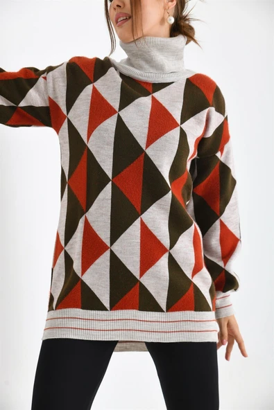 FTZ Women Kadın Degaje Yaka Üçgen Detay Kazak  Taş 20054 - Resim 5