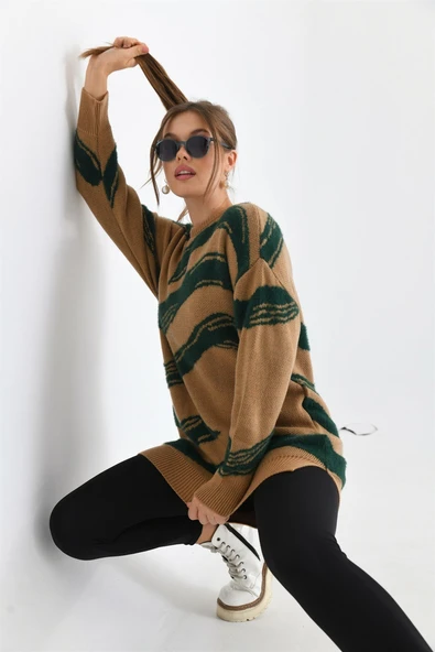 FTZ Women Kadın Karışık Desen Kazak  Bisküvi 21-6245 - Resim 4