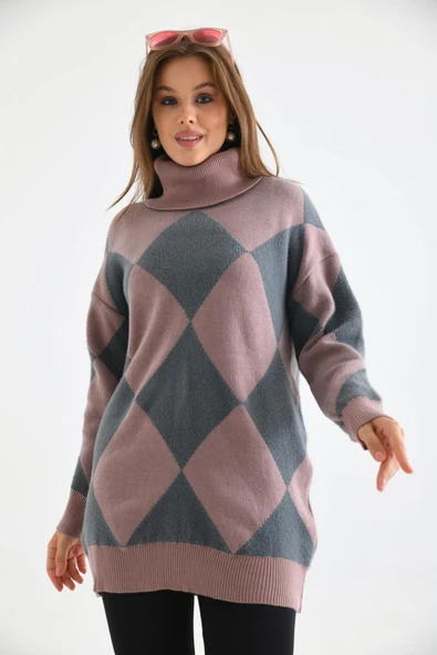 FTZ Women Kadın Baklava Desen Degaje Yaka Kazak  Gül 21-6360 - Resim 3