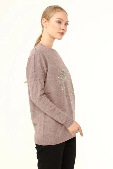 FTZ Women Kadın Ön Taş Detay Owersize Kazak Beige 21-1326