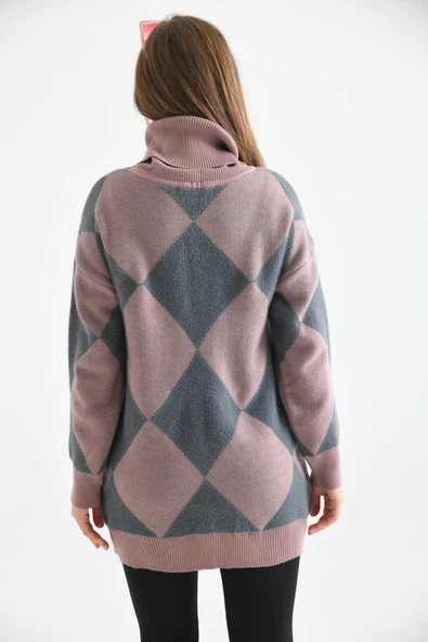 FTZ Women Kadın Baklava Desen Degaje Yaka Kazak  Gül 21-6360 - Resim 4