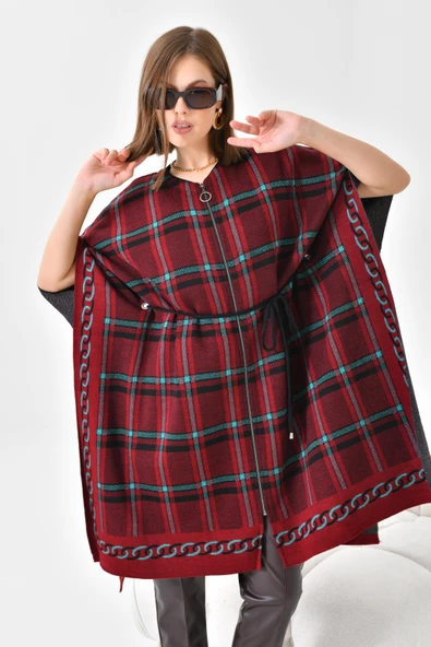 FTZ Women Kadın Ekose Detay Panço  Bordo 21-1116 - Resim 5