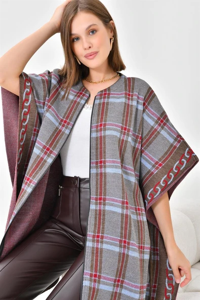 FTZ Women Kadın Ekose Detay Panço  Kahve 21-1116 - Resim 6