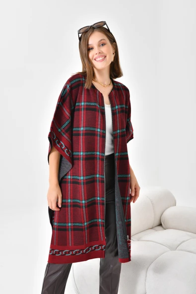 FTZ Women Kadın Ekose Detay Panço  Bordo 21-1116 - Resim 4