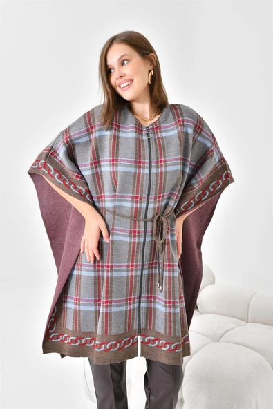 FTZ Women Kadın Ekose Detay Panço  Kahve 21-1116 - Resim 4